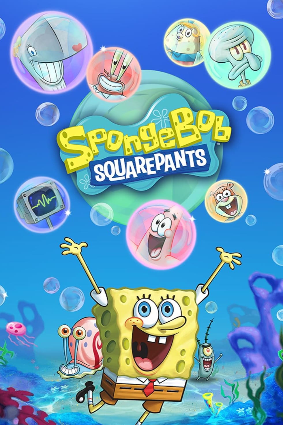 SpongeBob SquarePants jumps joyfully under the sea, surrounded by colorful bubbles featuring Patrick, Mr. Krabs, and more. The show's logo is in the center—perfect for fans of IPTV Latino looking for animated adventures to stream!.