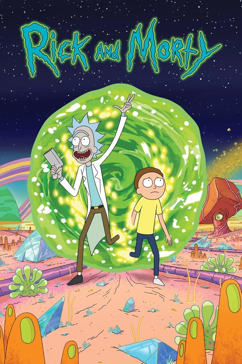 Rick, a scientist with spiky blue hair and a lab coat, and Morty, a nervous boy, stand in front of a swirling green portal—streaming their wild adventures on IPTV Latino—in an alien landscape with colorful plants and crystals under a starry sky.