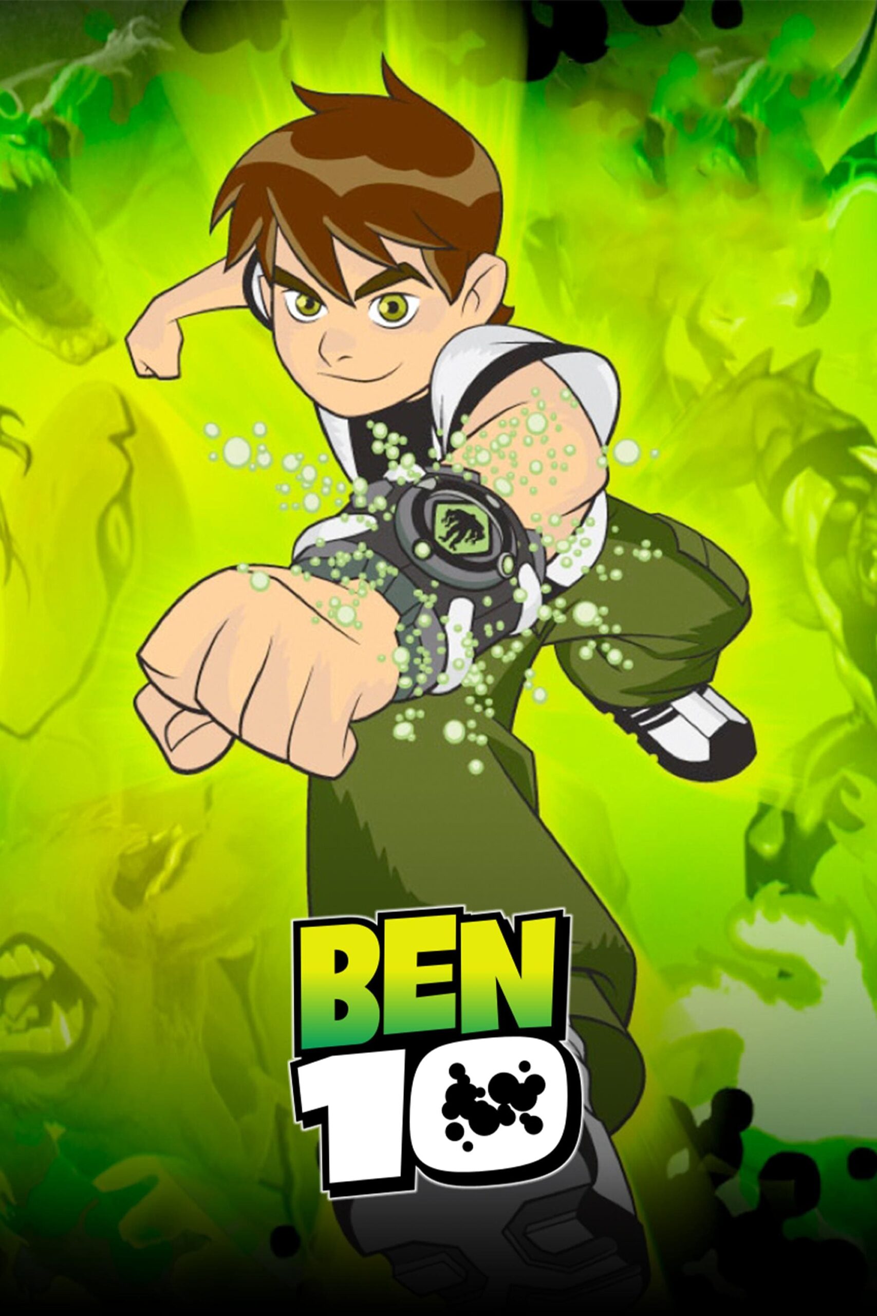 Animated boy with brown hair in green and white outfit punches forward, displaying a glowing watch device on his wrist. The green background features faint monster silhouettes, the Ben 10 logo, and an IPTV Latino streaming touch for fans.