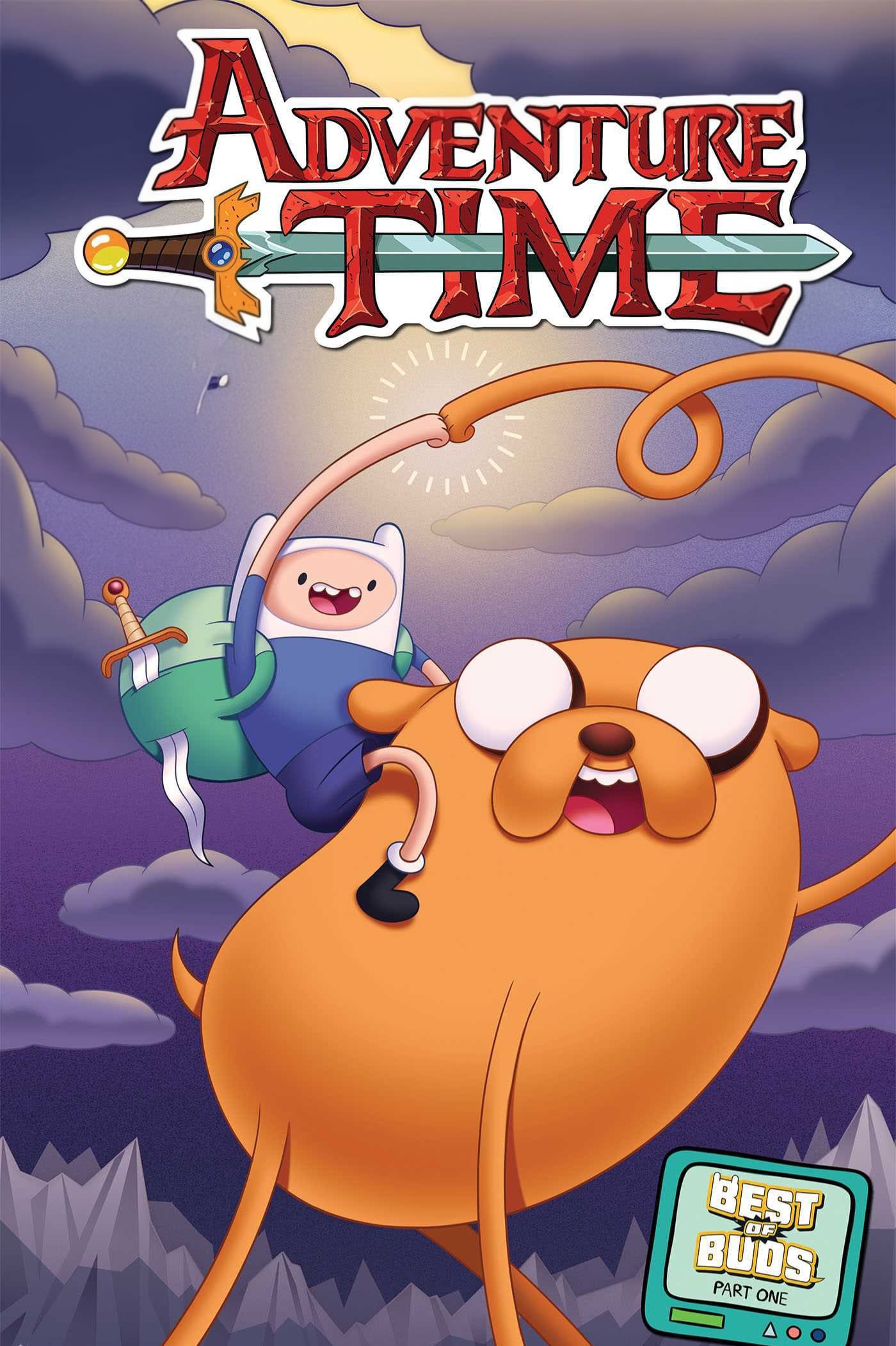 Cover art for Adventure Time featuring Finn, a boy with a blue backpack and sword, riding on Jake, his stretchy orange dog, with mountains and clouds in the background. Text reads Best Buds Part One. Perfect for fans watching on IPTV Latino.