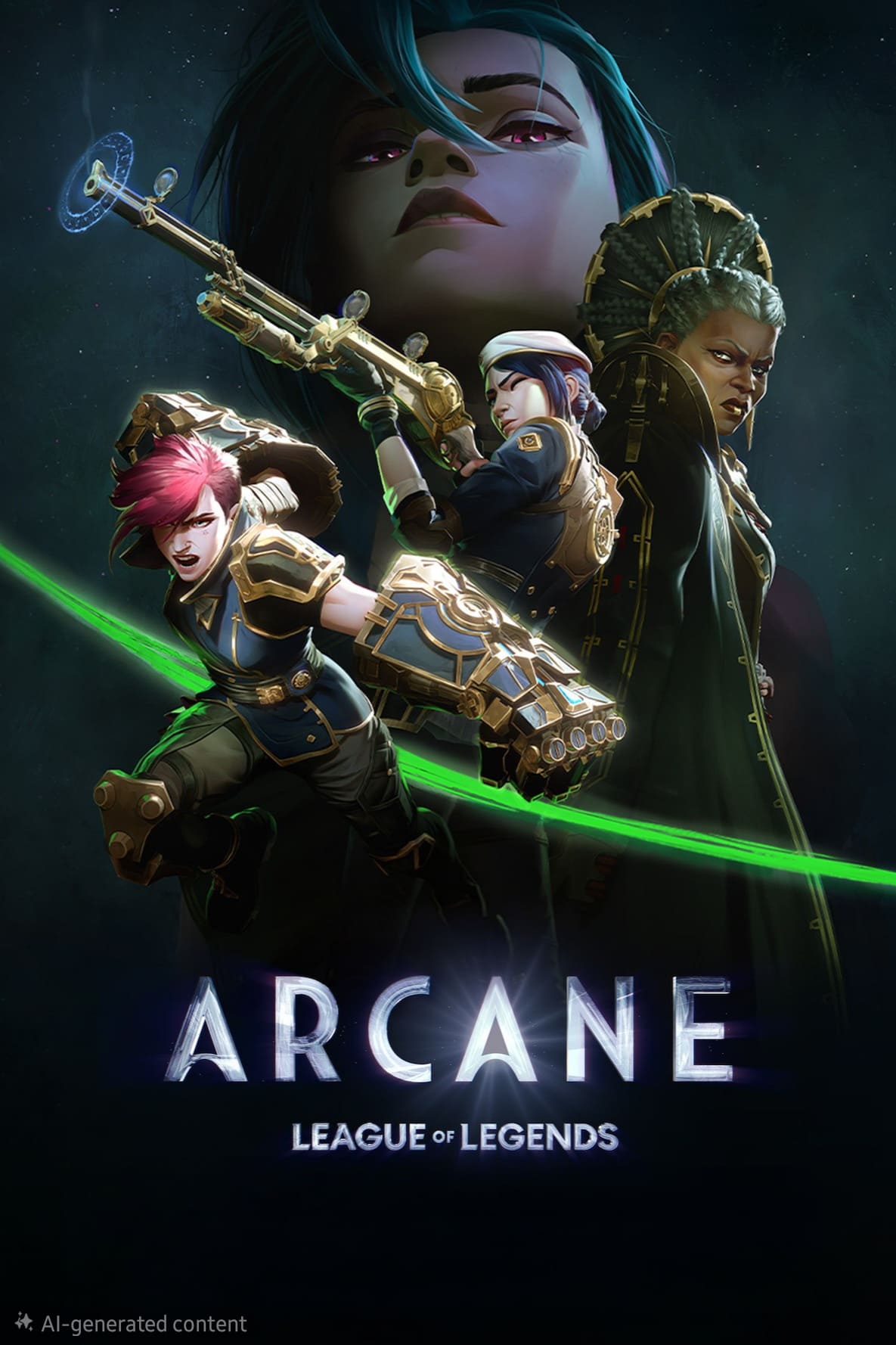 Three main characters pose dynamically beneath a looming, intense face. One holds a shotgun, another aims a rifle, and the third stands confidently. The title Arcane League of Legends and the Latino IPTV logo are displayed at the bottom.