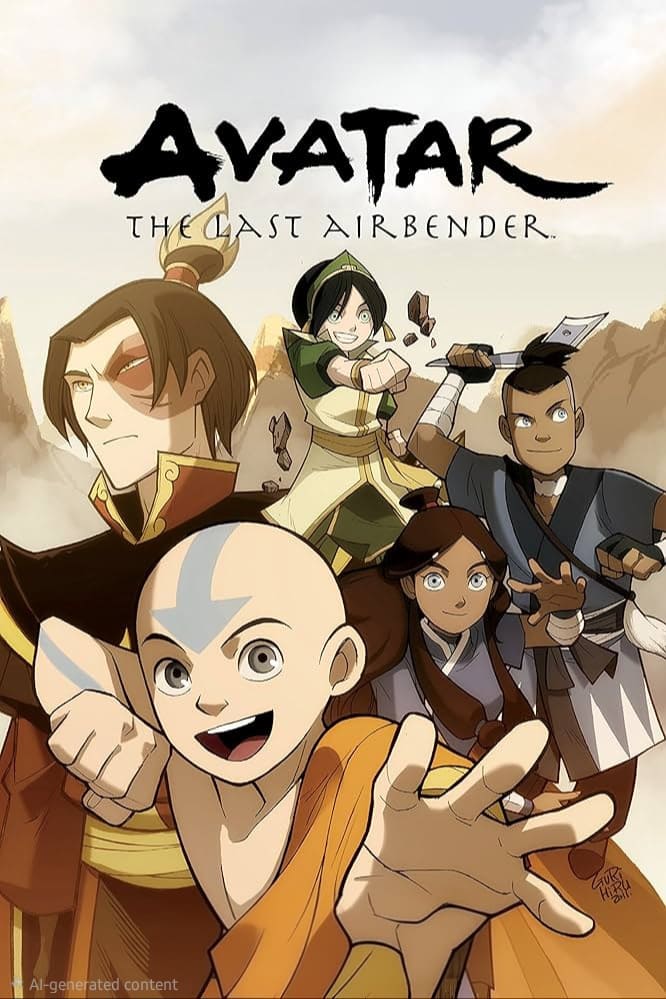 Illustration of main characters from Avatar: The Last Airbender posing heroically, with Aang, Katara, Sokka, Toph, and Zuko beneath the series title against a mountainous backdrop—perfect for fans of Latino IPTV adventures.