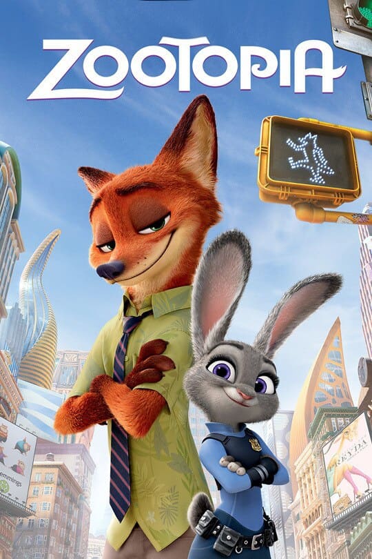 Poster for the animated movie Zootopia shows Nick Wilde, a fox in a green shirt and tie, standing with arms crossed next to Judy Hopps, a gray rabbit in a police uniform, set against a cityscape—perfect for your IPTV Latino lineup.
