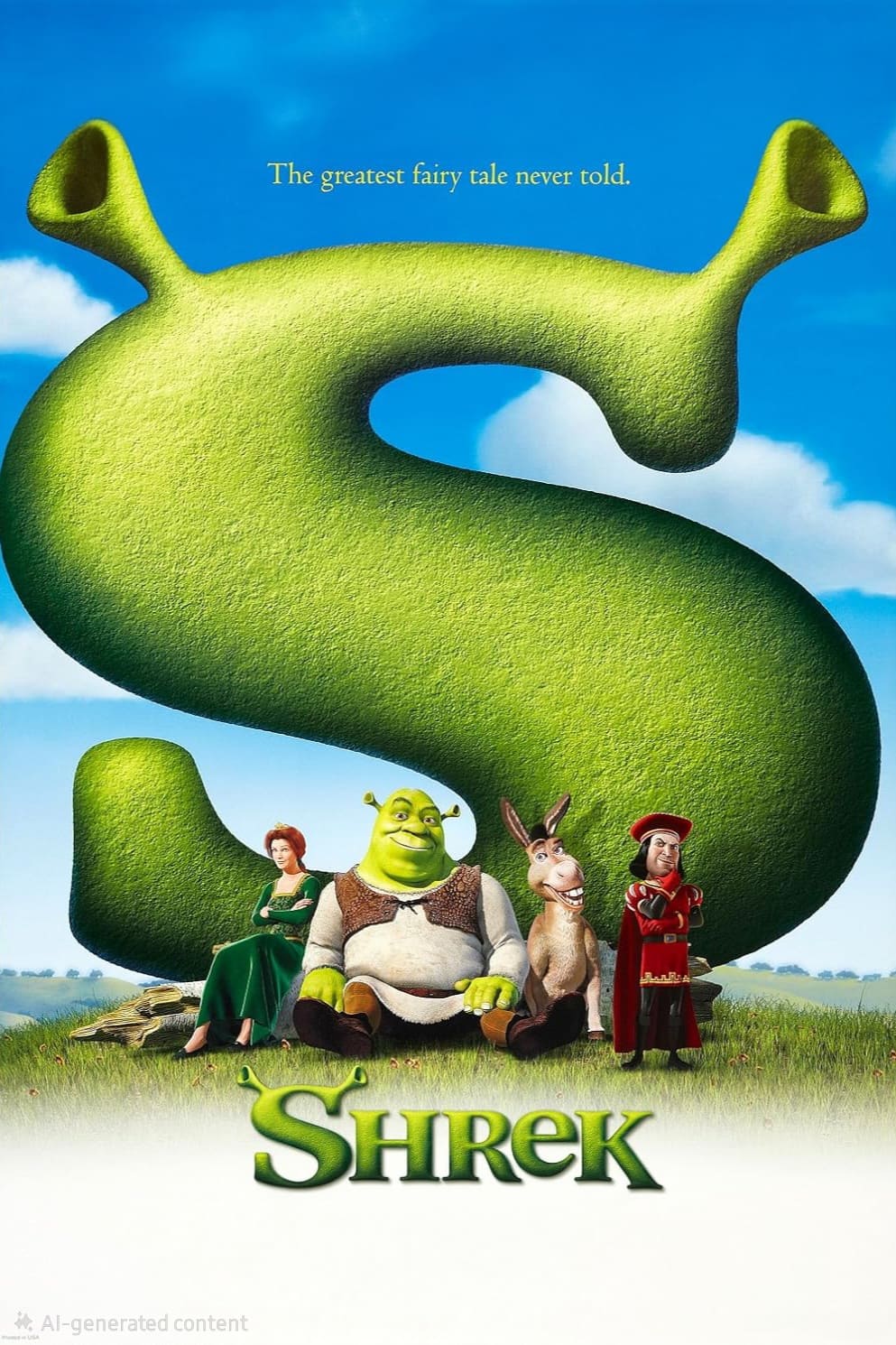 Shrek, Fiona, Donkey, and Lord Farquaad gather before a large green S resembling Shrek’s ears, with the tagline The greatest fairy tale never told. Shrek is written below—now streaming on Latino IPTV for endless family fun under blue skies and clouds.