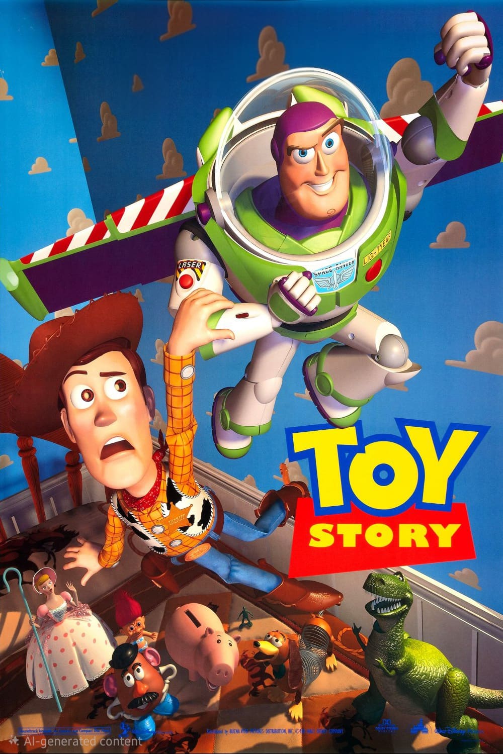 Poster for the movie Toy Story showing Woody and Buzz Lightyear in the air, with other toy characters including Bo Peep, Mr. Potato Head, Hamm, Slinky Dog, and Rex looking up from below—now streaming on Latino IPTV.