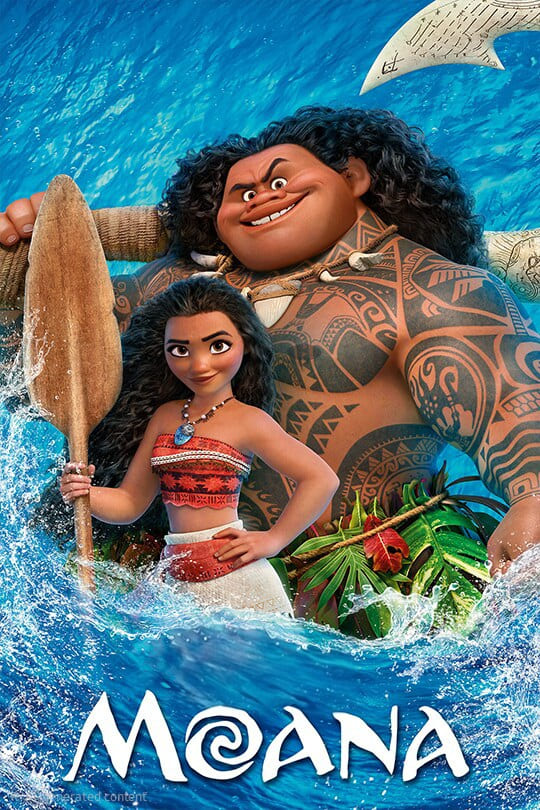 Animated characters Moana, holding an oar, and Maui, with tattoos and a fish hook, stand confidently amid ocean waves and tropical plants. Stream the Moana movie on IPTV Latino—the title appears at the bottom in stylized white text.