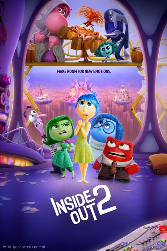 Poster for Inside Out 2 showing animated characters Joy, Sadness, Anger, Disgust, and Fear with new emotions above them in a vibrant room. Enjoy this on Latino IPTV with the tagline: Make room for new emotions.