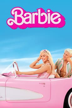 Barbie and Ken sit in a pink convertible against a bright blue sky. Barbie smiles at the wheel, wearing pink with blond hair and sunglasses, while Ken, in a striped shirt, enjoys Latino IPTV on his phone. The Barbie logo appears above them.