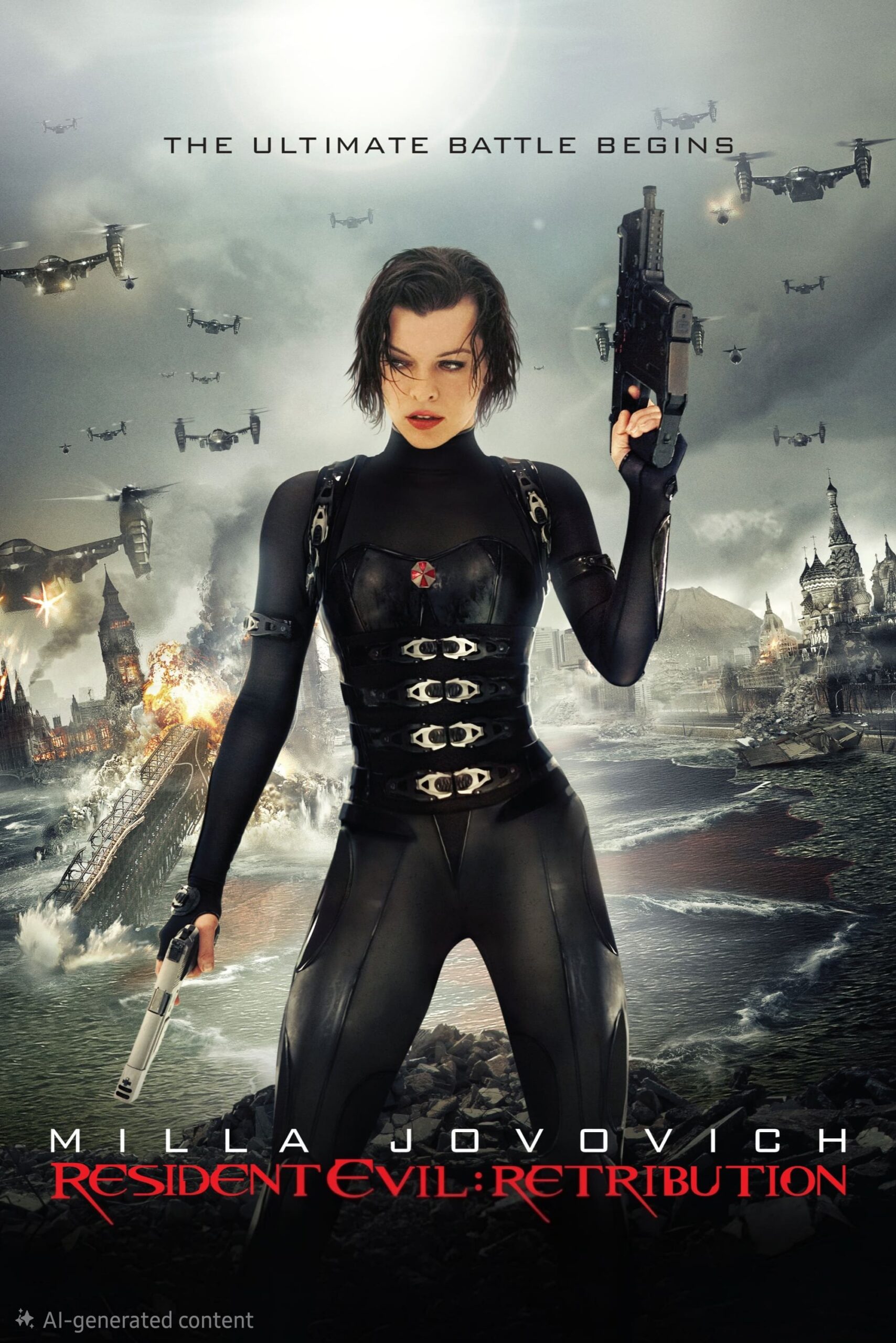 A woman in black combat gear holds two guns against a backdrop of destruction with crashing planes, burning buildings, and helicopters. Text reads “The Ultimate Battle Begins,” Resident Evil: Retribution, now streaming on Latino IPTV.