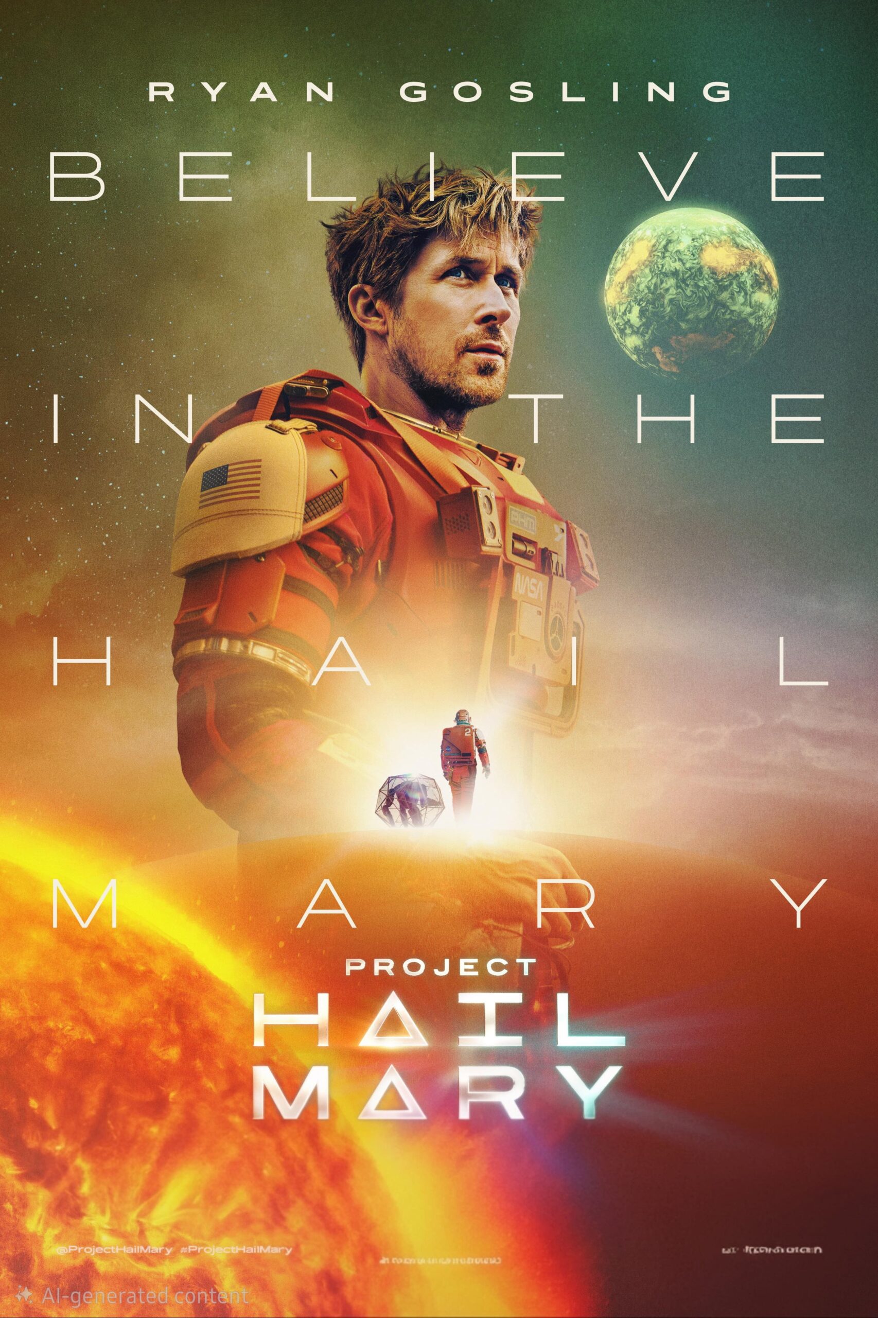 Ryan Gosling in a spacesuit stands on an alien landscape, with a planet and spaceship behind him. Text reads: “Believe in the Hail Mary. Project Hail Mary.” Bold colors and space imagery create a stunning backdrop, perfect for any Latino IPTV fan.