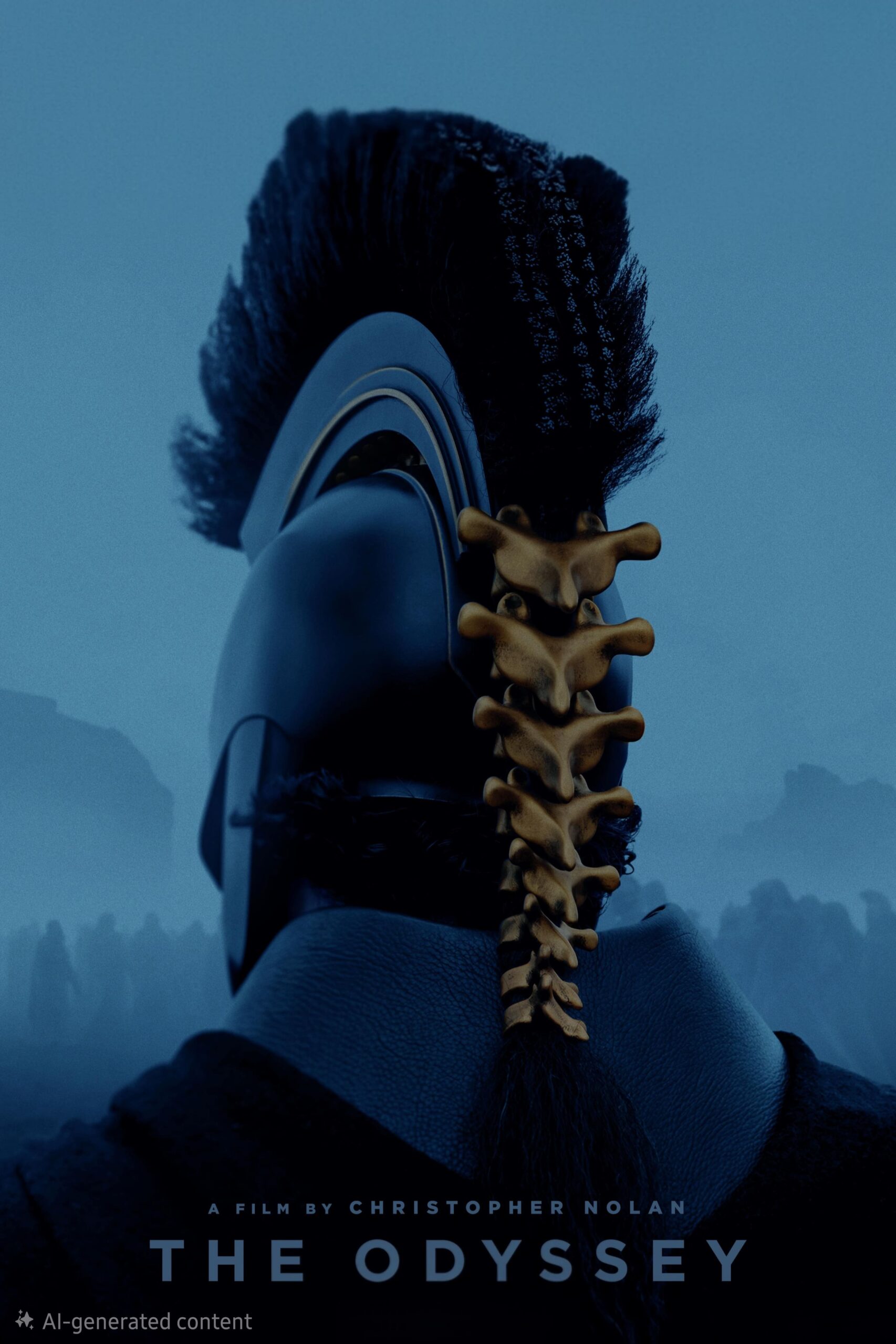 A person in black armor and a helmet stands with their back to the viewer. Yellow vertebrae-like bones are integrated into the back of the helmet. Blue fog and indistinct figures fill the background, evoking a cinematic vibe like Latino IPTV. Text reads: “THE ODYSSEY.”.
