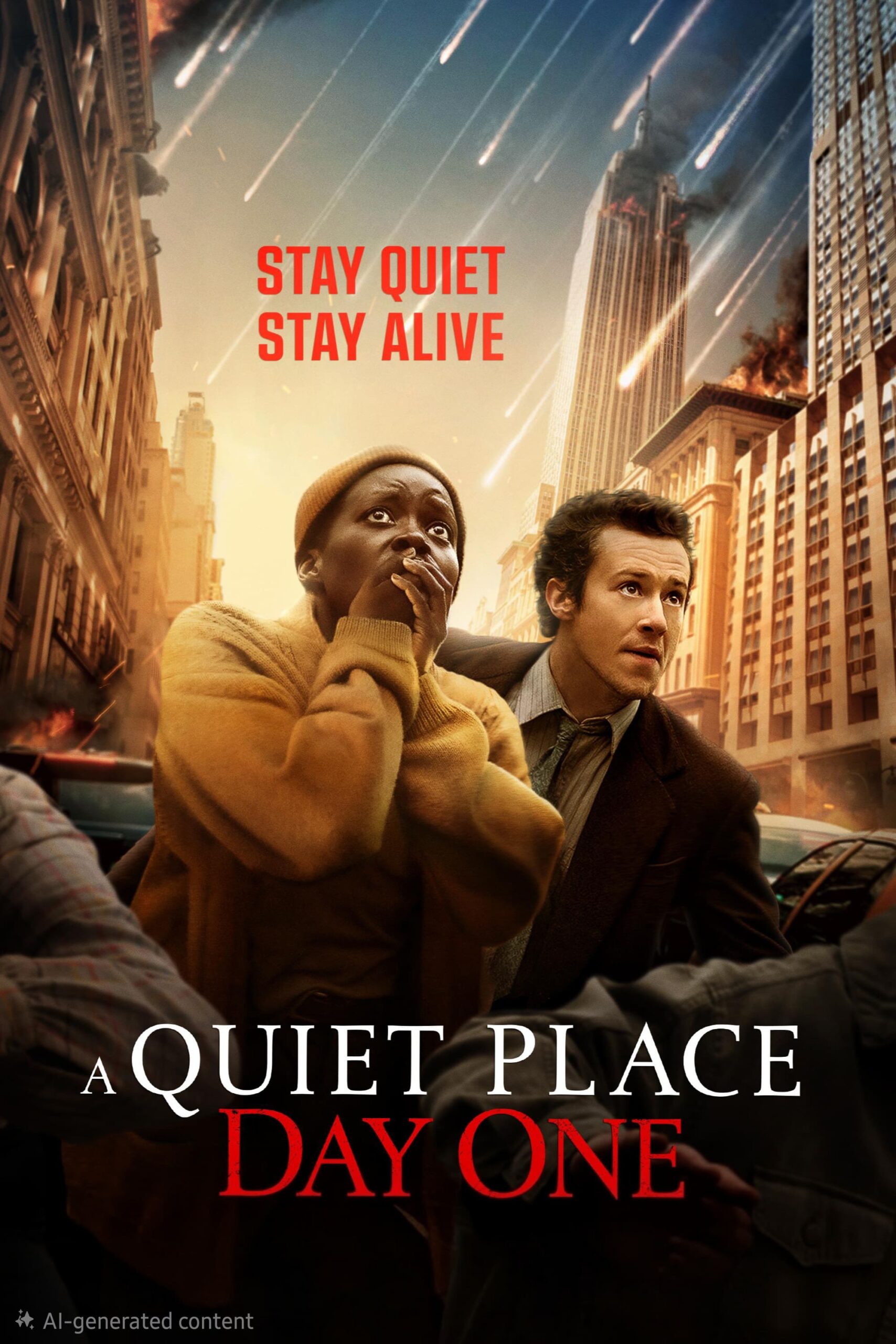 Two scared people run through a city as fiery objects rain from the sky. Red text reads Stay quiet, stay alive. The movie title A Quiet Place: Day One appears at the bottom with buildings in the background, streaming now on Latino IPTV.