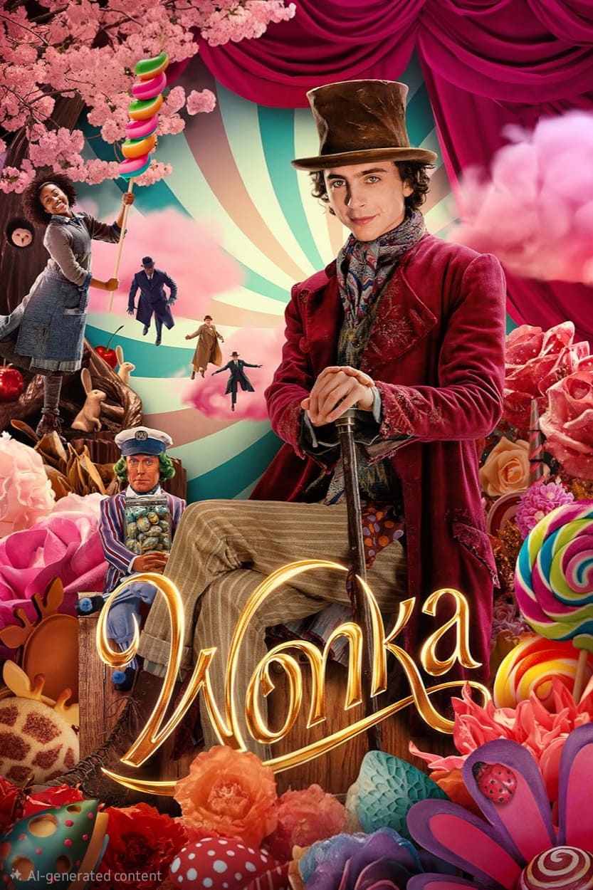 A young man in a velvet coat and top hat stands smiling among giant candies and sweets, holding a cane. The word Wonka glows at the bottom, with whimsical characters, colorful backgrounds, and a hint of Latino IPTV magic behind him.