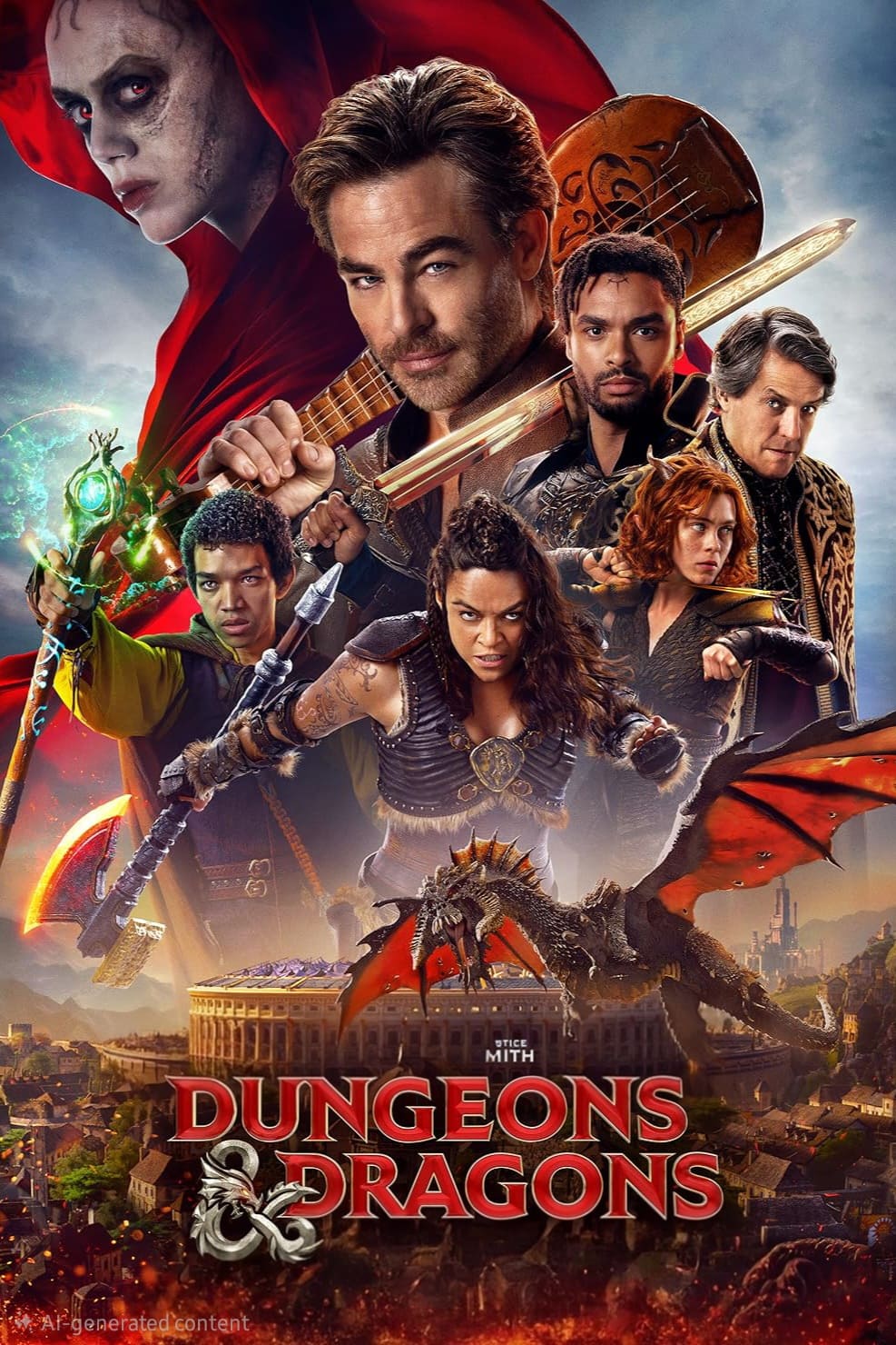 Movie poster for Dungeons & Dragons: Honor Among Thieves featuring a group of diverse adventurers, a red-robed sorceress, a red dragon, and a fantasy city—now streaming with IPTV Latino for the best Latino IPTV experience.