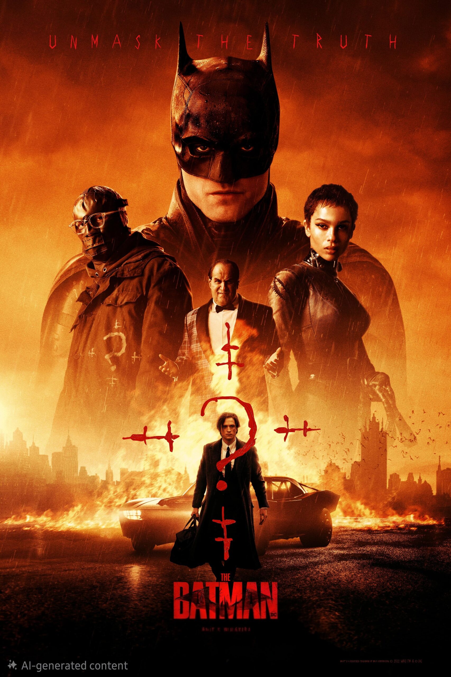 Poster for The Batman featuring Batman, Catwoman, Alfred, and the Riddler against a red cityscape with the Batmobile below. Stream this film on Latino IPTV—text at the top reads Unmask the Truth, with the title at the bottom.