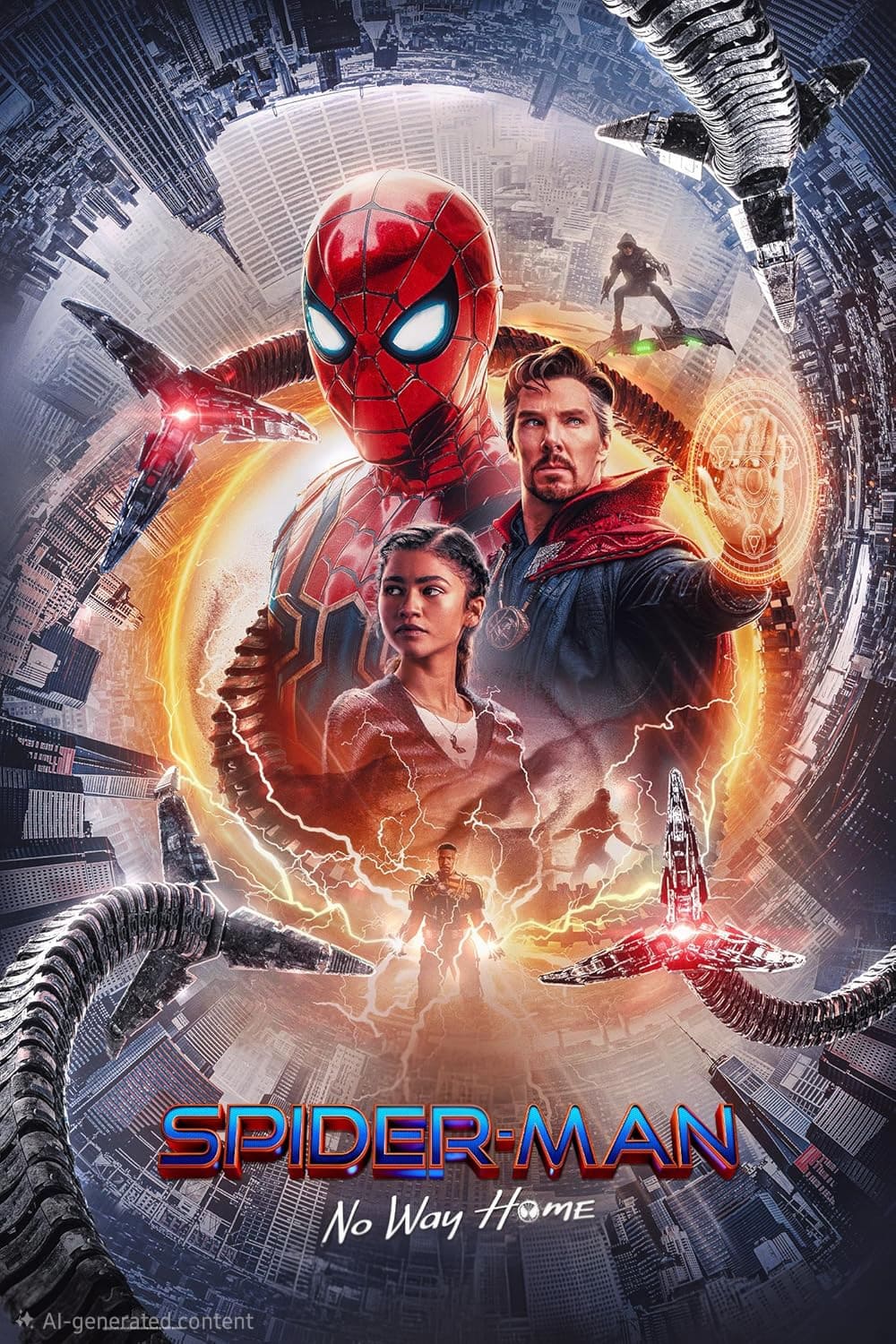 Movie poster for Spider-Man: No Way Home featuring Spider-Man in his suit, Doctor Strange casting a spell, a young woman, and mechanical arms swirling around them over a cityscape—streaming now on IPTV Latino with the movie title at the bottom.