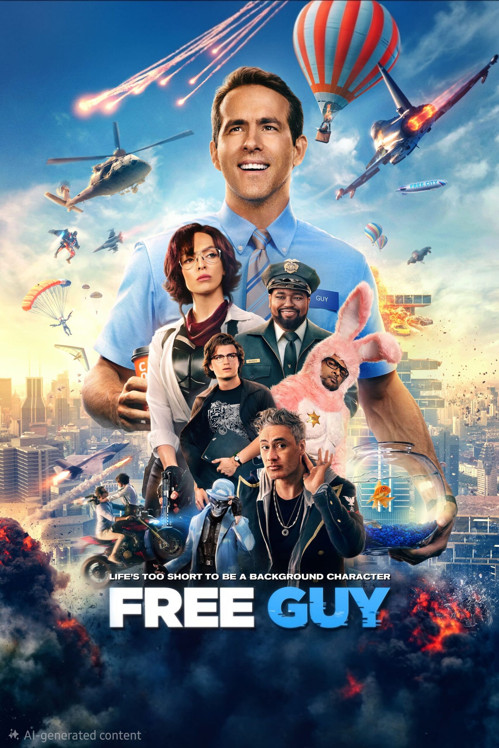 Movie poster for Free Guy featuring a smiling man in a blue shirt and tie at the center, surrounded by action scenes, colorful explosions, and various characters, with the title Free Guy at the bottom – now streaming on IPTV Latino.