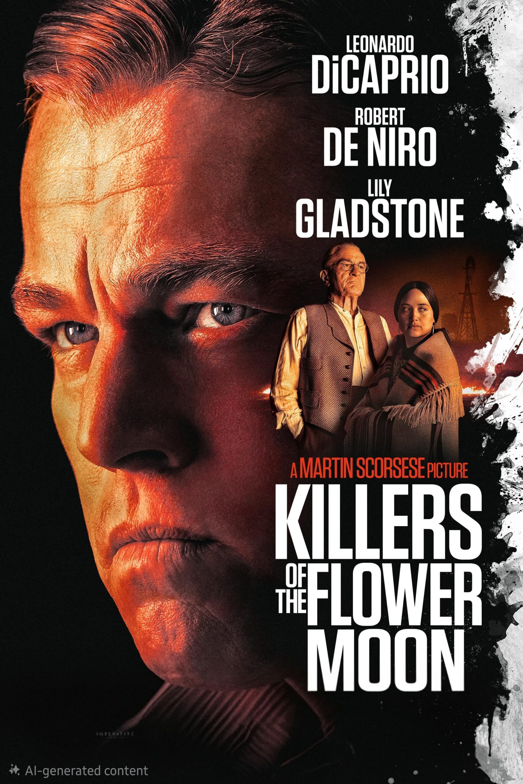 Movie poster for Killers of the Flower Moon featuring a close-up of a man's serious face. To the right, a man and woman stand together. Cast names and film title appear in bold white text, perfect for showcasing on IPTV Latino platforms.