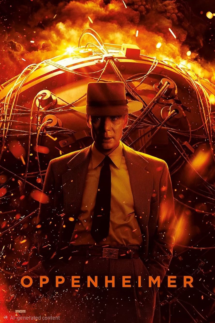 A man in a suit and hat stands before a fiery, explosive background with tangled wires and glowing elements. The word Oppenheimer appears at the bottom in bold, orange letters, hinting at the explosive power of Latino IPTV.