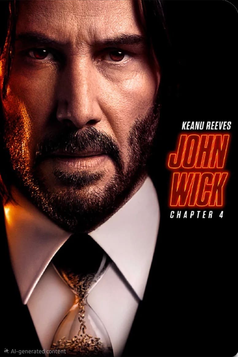 A close-up of a serious man in a suit and tie with long hair and a beard, next to bold orange and red text that reads “Keanu Reeves John Wick Chapter 4” on a dark background, perfect for Latino IPTV fans.