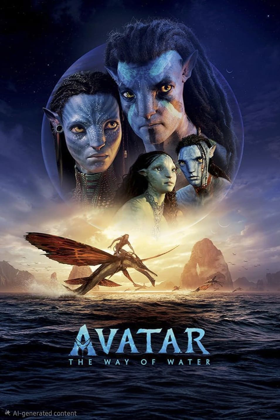 Poster for “Avatar: The Way of Water” showing four blue-skinned Na’vi characters above a scene of a Na’vi riding a flying creature over the ocean at sunset, streaming now on Latino IPTV, with the movie title at the bottom.