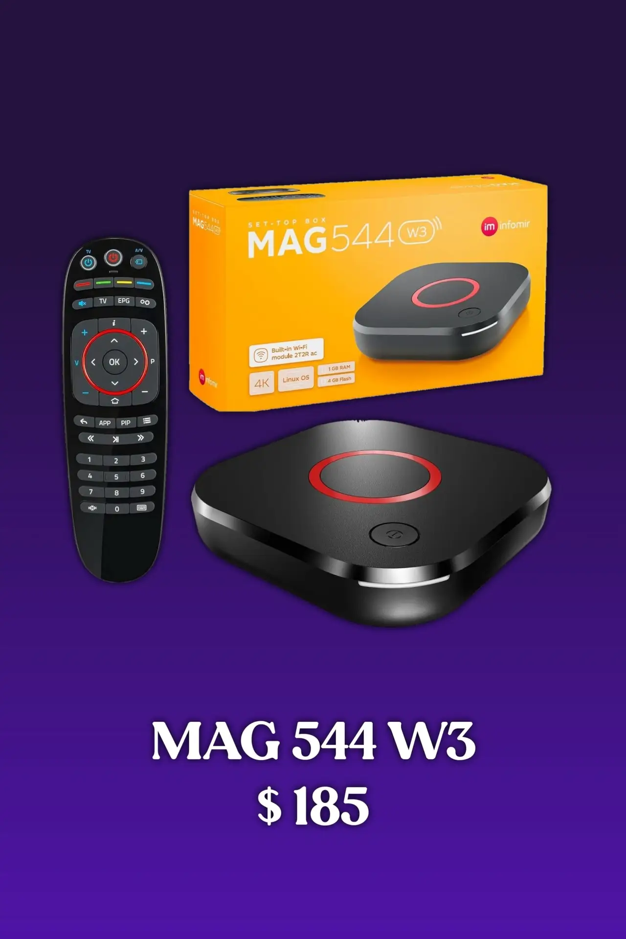 A black IPTV Latino streaming device with a red circle, its remote control, and an orange box labeled MAG 544 W3 are shown on a purple background. The price $185 is displayed below the devices.