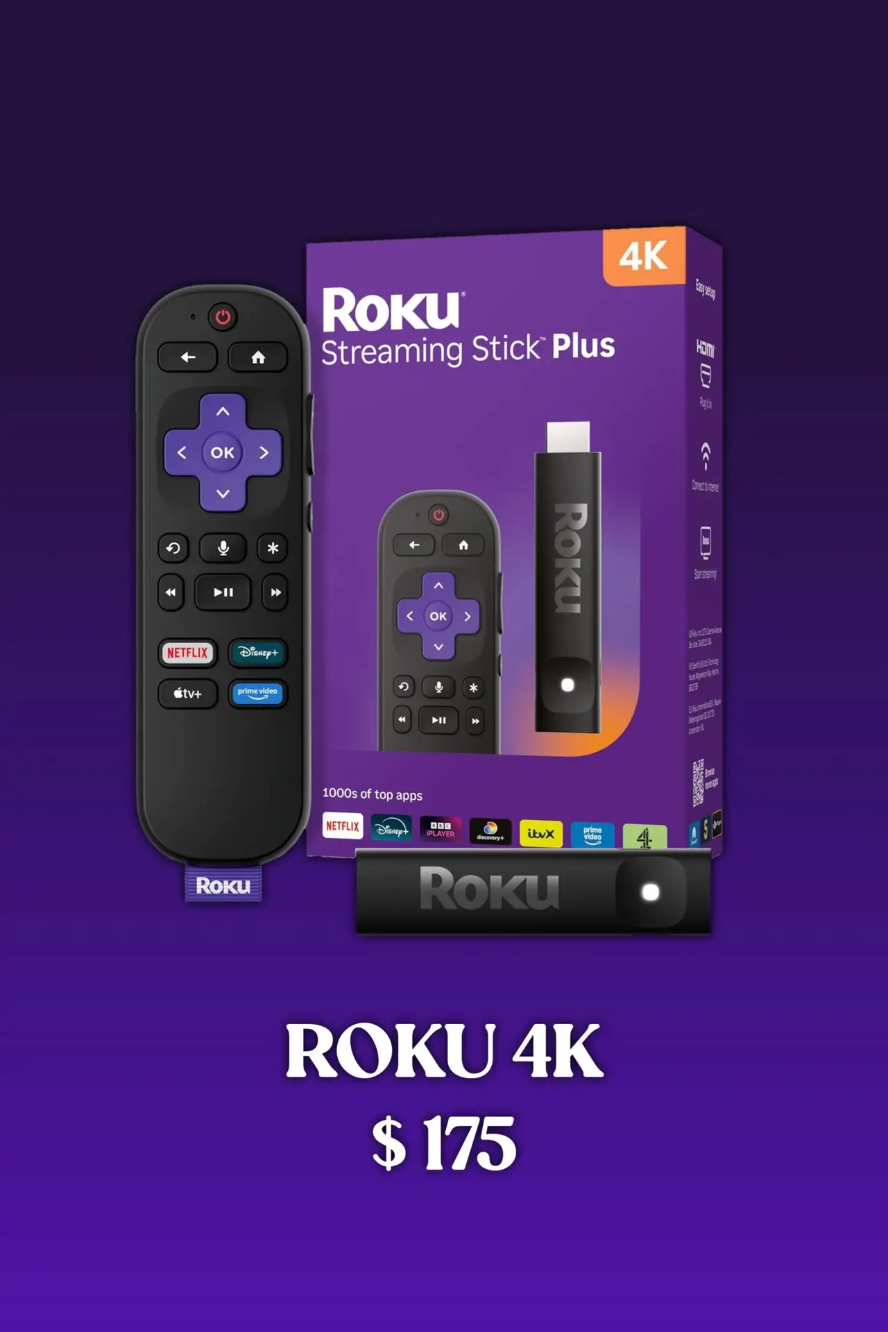 Roku 4K Streaming Stick Plus with remote control and packaging on a purple background. Text below reads: ROKU 4K $175. Enjoy streaming with Latino IPTV for access to a wide range of Latino channels.