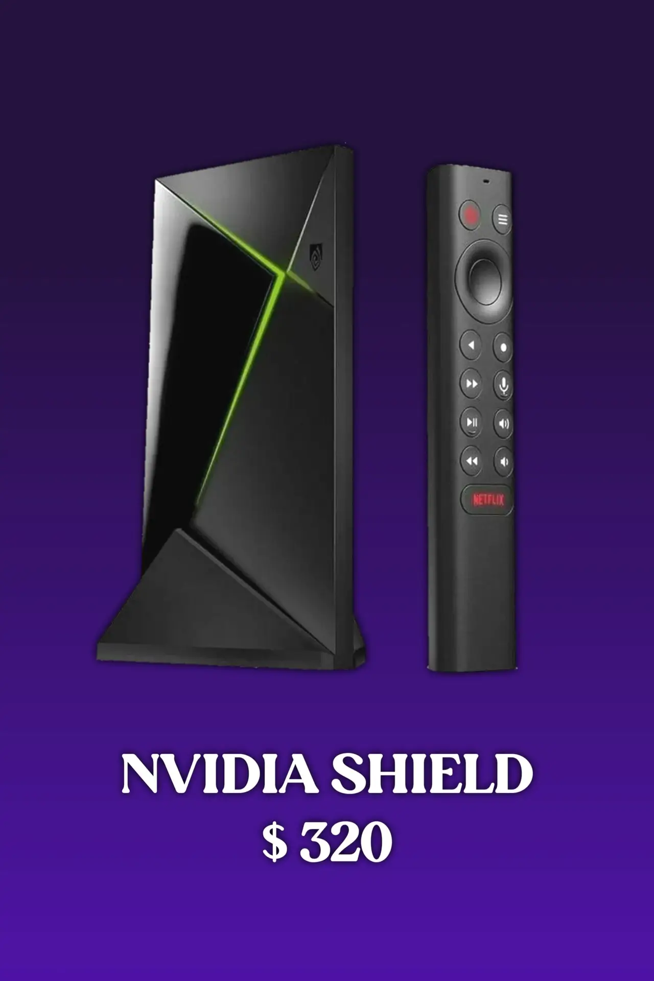 A black NVIDIA Shield streaming device and its remote control are displayed on a purple background, with the text "NVIDIA SHIELD $320 IPTV Latino" written below them in white letters.