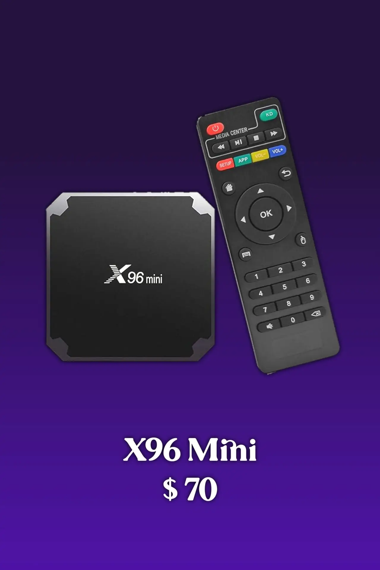 A black X96 Mini TV box and a black remote control are displayed on a purple background, with the text X96 Mini $70 and IPTV Latino written below.