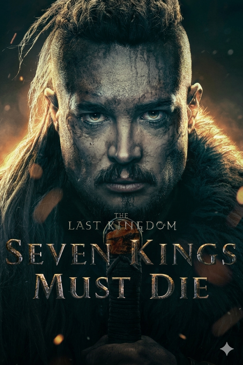 A fierce man with long hair, a beard, and a fur cloak stares intensely forward. The text reads The Last Kingdom: Seven Kings Must Die. The dramatic background glows warmly—stream it now on IPTV Latino.