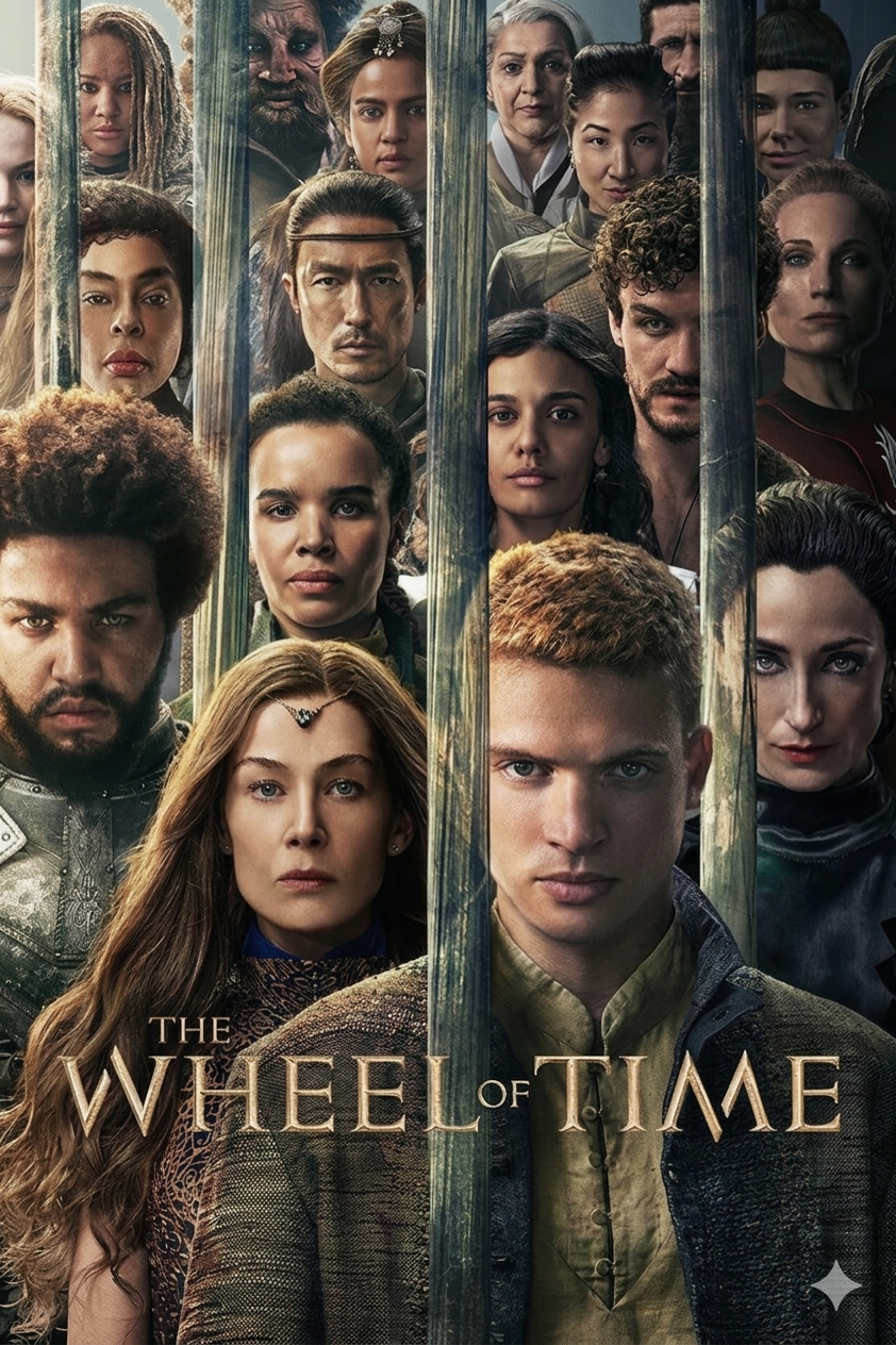 A group of serious-looking men and women stand closely together behind vertical bars. The text “The Wheel of Time” is at the bottom, with dramatic lighting highlighting the intense scene—now streaming on IPTV Latino.