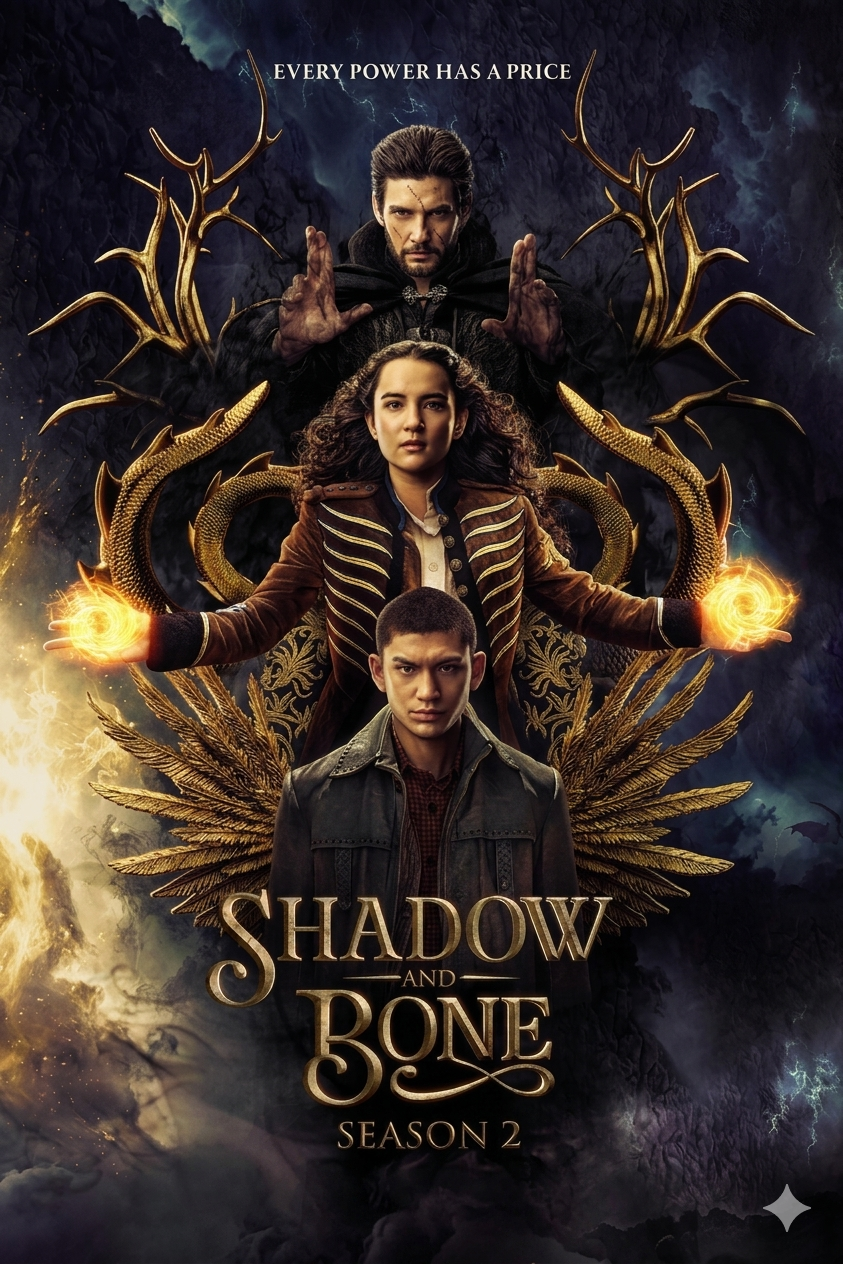 Three characters stand in a dramatic fantasy setting, glowing power in their hands, with golden wings and magical effects behind them. Text reads: "Shadow and Bone Season 2." Now streaming on Latino IPTV for fans everywhere.