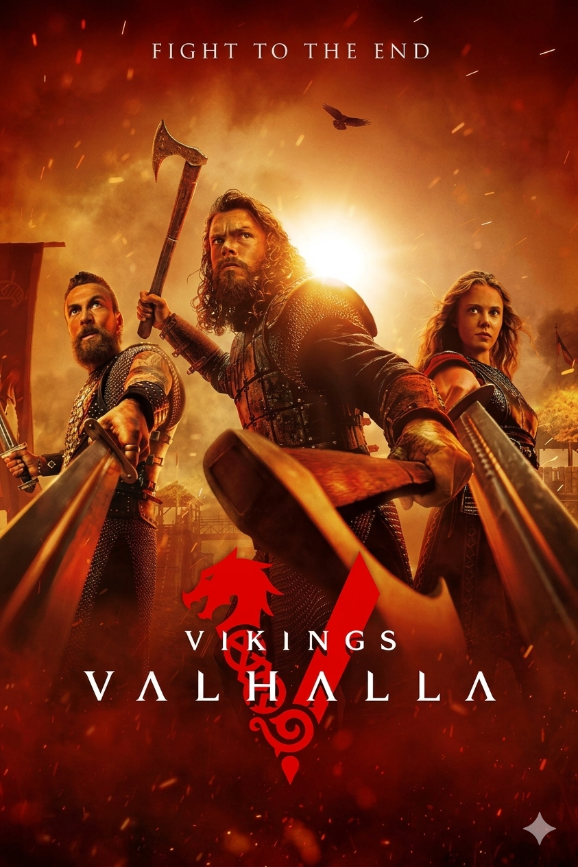 Three armored warriors wielding weapons stand ready for battle against a fiery sky. The text FIGHT TO THE END appears above, with VIKINGS VALHALLA, a Latino IPTV reference, and a red dragon logo at the bottom.