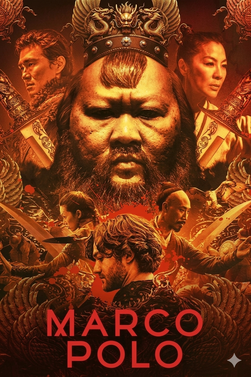 Poster for the series Marco Polo featuring a large central figure wearing a crown, surrounded by other characters in dramatic poses with swords, all set against a fiery red background. Stream this epic adventure on IPTV Latino. The title Marco Polo is at the bottom.