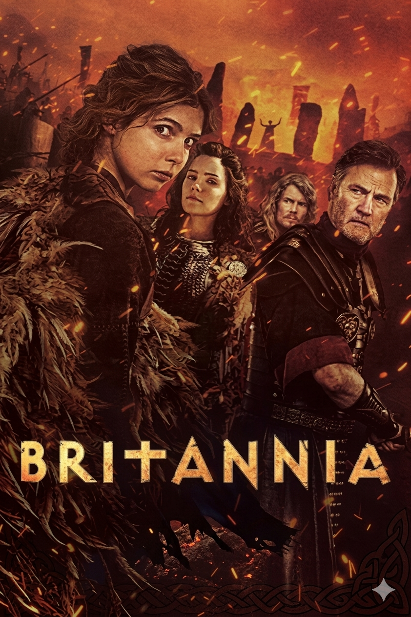 Four characters in ancient warrior attire stand against a fiery, battle-scarred landscape with large standing stones. The word Britannia appears in bold letters at the bottom, hinting at an IPTV Latino twist to this epic scene.
