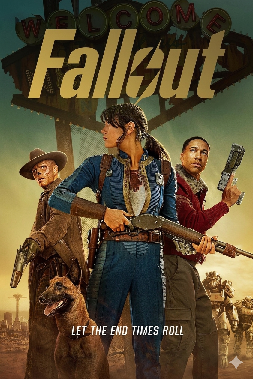 Three armed characters and a dog stand ready in front of a damaged Welcome sign, under large gold “Fallout” text, with the tagline “Let the End Times Roll.” An IPTV Latino broadcast reveals a post-apocalyptic city and robot in the background.