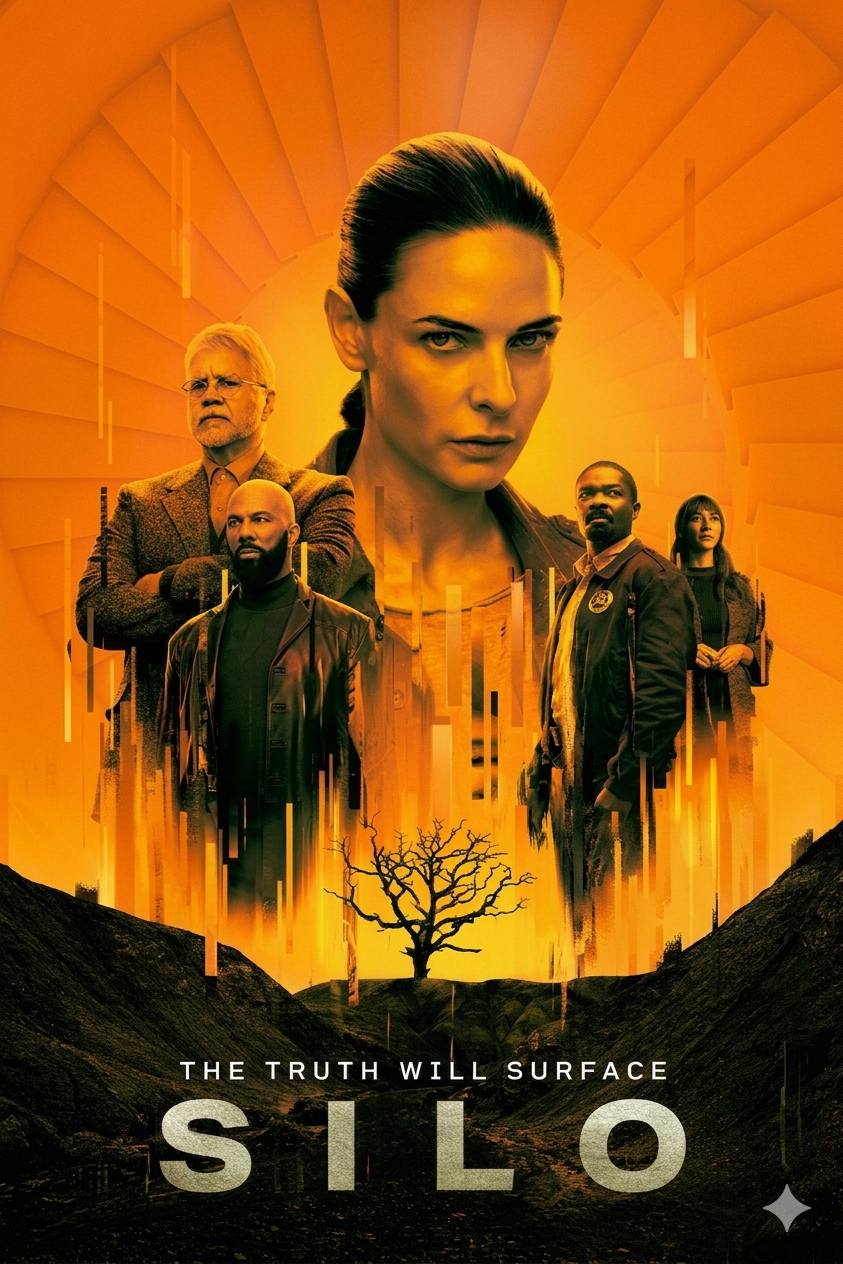 Poster for the TV series Silo featuring a woman in the center with four other serious-looking people around her, set against an orange, futuristic background with a barren tree and "The Truth Will Surface"—now streaming on Latino IPTV.