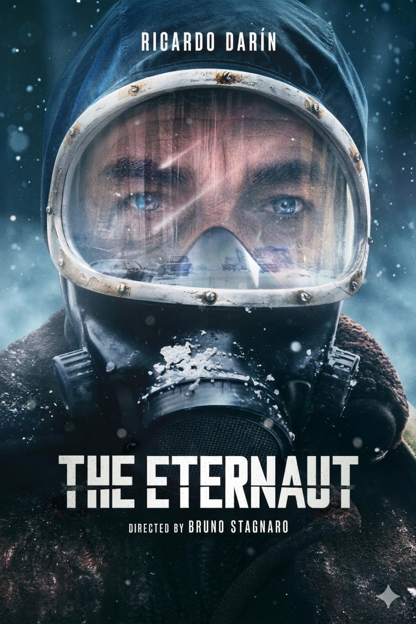 Movie poster for The Eternaút featuring Ricardo Darín wearing a gas mask and goggles, with a desolate, snowy landscape reflected in the goggles. Perfect for fans discovering iconic tales on IPTV Latino.