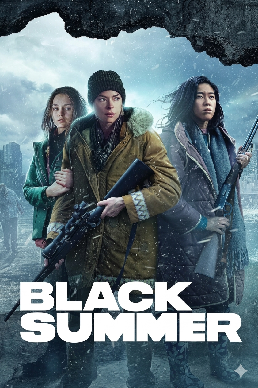 Three women stand in winter clothing holding rifles, looking determined in a snowy, post-apocalyptic cityscape. The title BLACK SUMMER is displayed in bold white letters at the bottom, with IPTV Latino streaming options available.