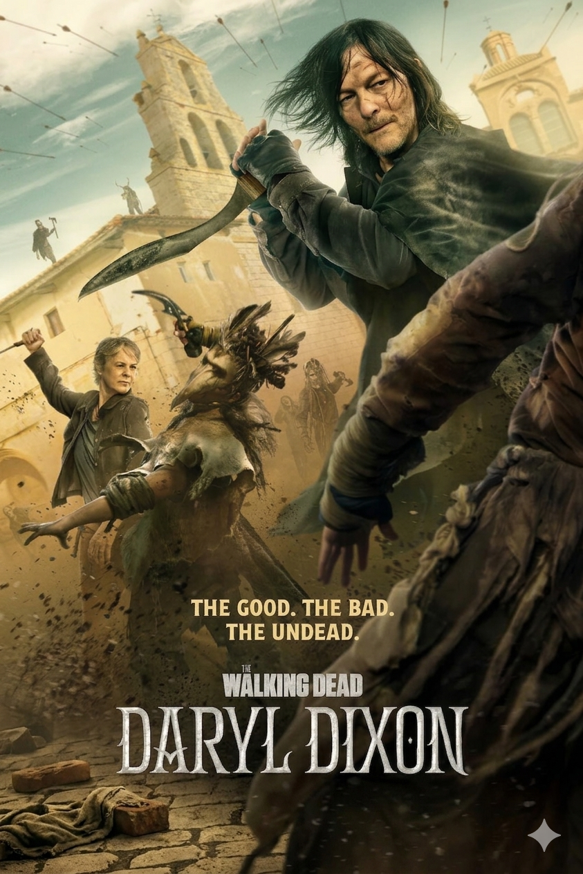 Poster for The Walking Dead: Daryl Dixon shows Daryl wielding a knife, fighting zombies in a ruined European city. Text reads: The Good. The Bad. The Undead. Watch on Latino IPTV—The Walking Dead: Daryl Dixon.