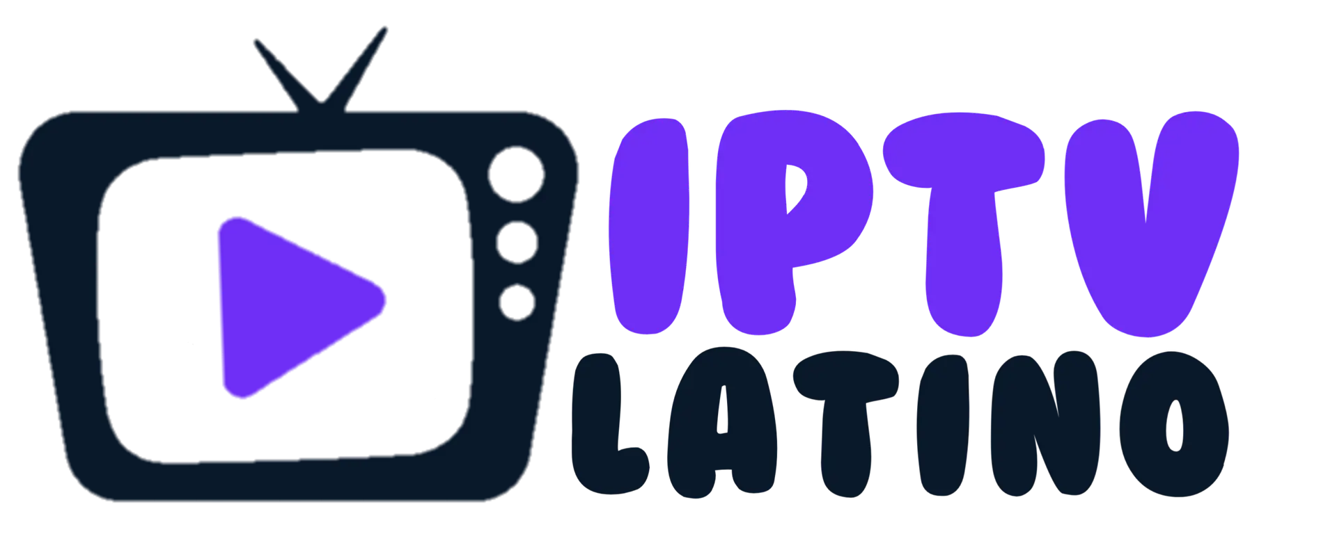 A purple TV icon with a play button inside is next to the text IPTV LATINO, where IPTV is in white and LATINO is in bold purple letters.