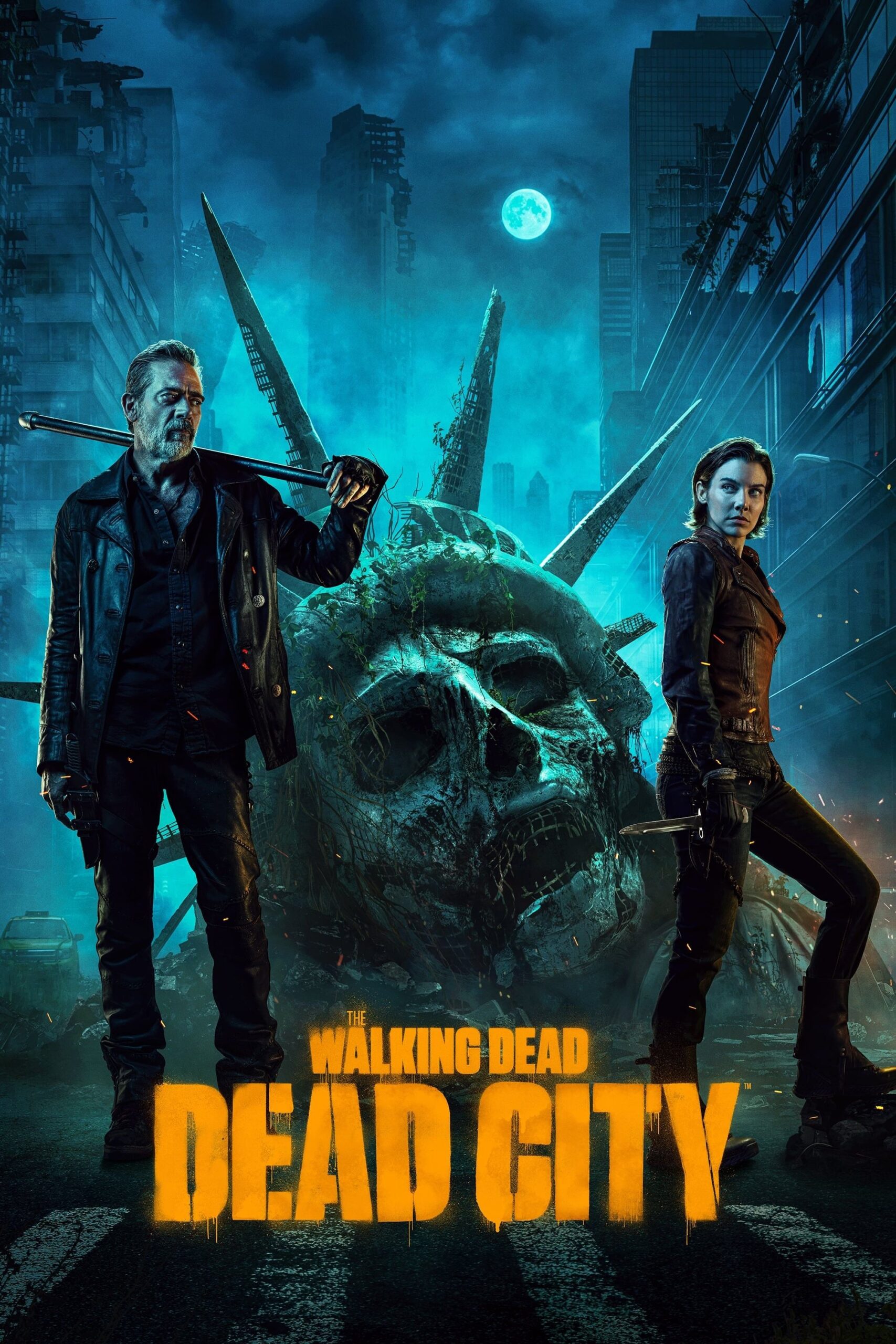 Two people stand in a dark, deserted city street with a broken Statue of Liberty head behind them. The title The Walking Dead: Dead City appears in bold yellow letters, as if featured on Latino IPTV. The scene is eerie and dramatic.