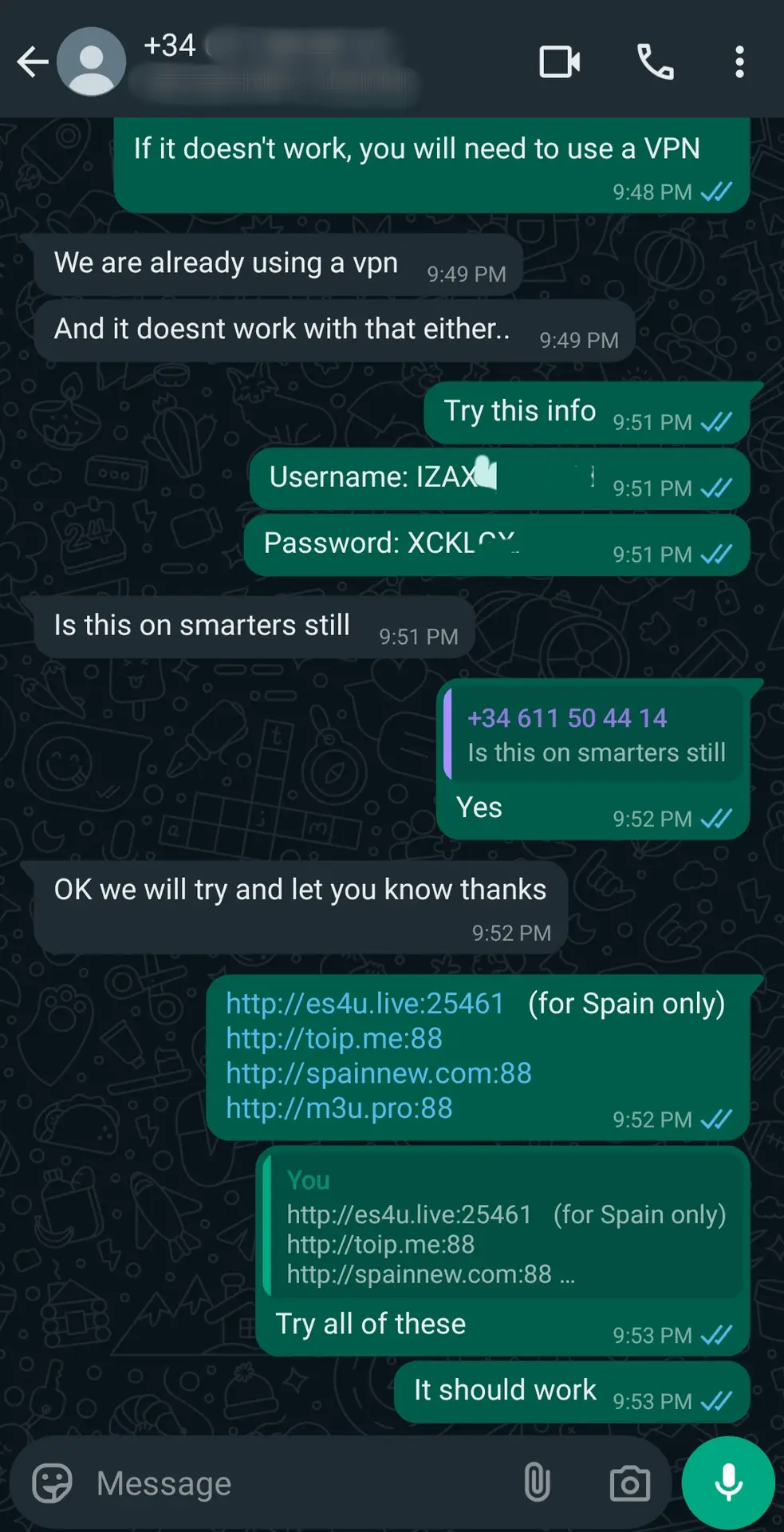 A WhatsApp chat shows troubleshooting steps for a Latino IPTV VPN issue. One person shares a username, password, Spain links, and alternative URLs. The other mentions already using IPTV Latino VPN but still facing issues.
