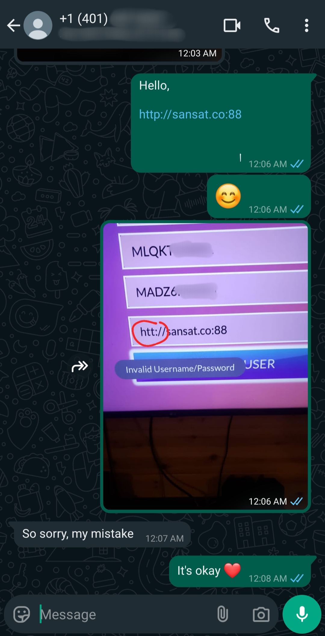 A WhatsApp chat shows a user sharing an IPTV Latino link, then a photo of a TV/login screen with a URL circled in red, followed by messages apologizing for a mistake and reassuring forgiveness with a heart emoji.