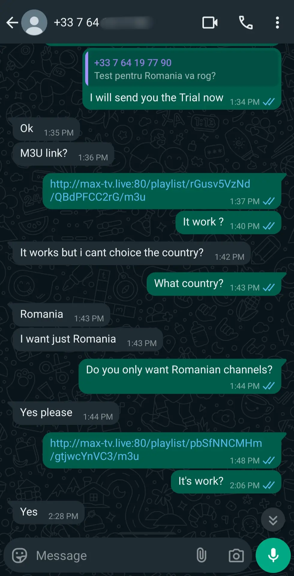 A WhatsApp chat shows a conversation about accessing Romanian TV channels via M3U links using Latino IPTV playlists. The sender shares two links, and the recipient confirms they want only Romanian channels and that the IPTV Latino links work.