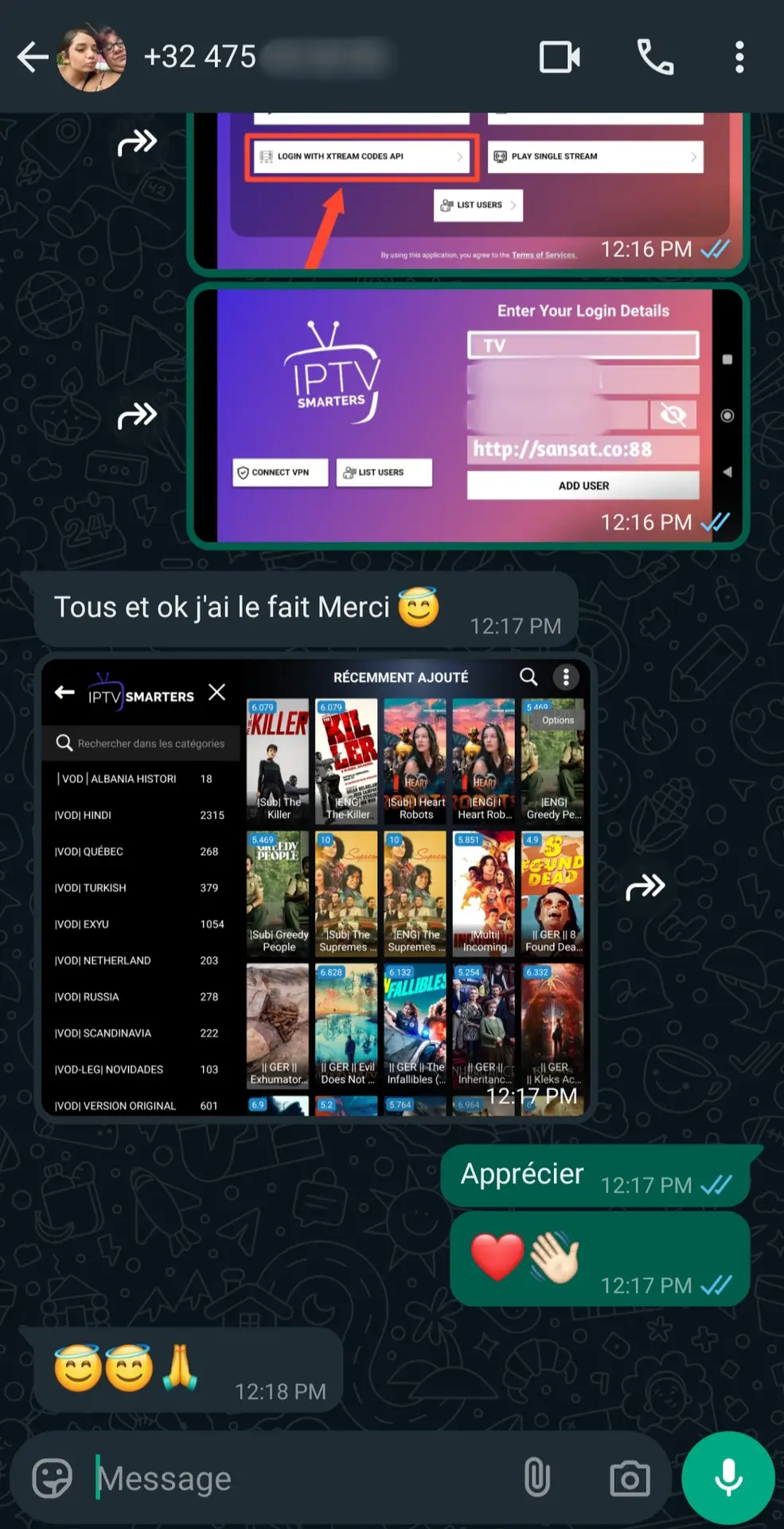 A WhatsApp chat shows screenshots of the IPTV Smarters app and a list of movies from Latino IPTV. The conversation, in French, says the setup is done, with emojis including a smiley face, heart, and waving hand.