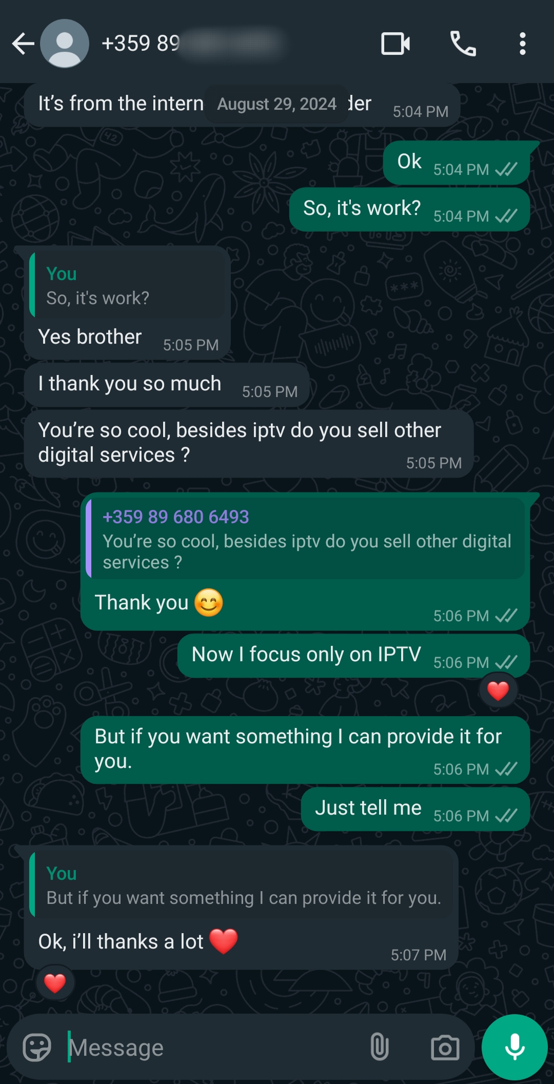 A WhatsApp chat screenshot shows a conversation about IPTV Latino and other digital services. One person asks if more options are available, the other replies they focus on IPTV Latino but can offer additional services. Messages include heart emojis.
