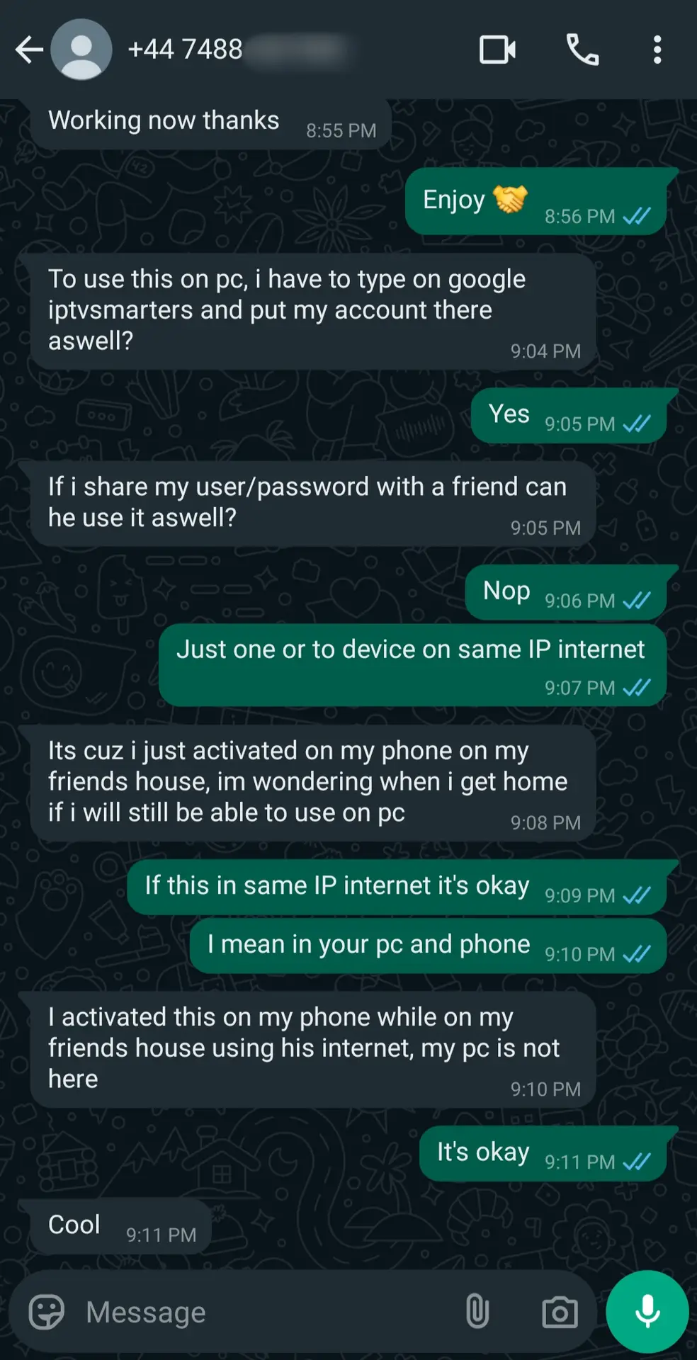 A WhatsApp chat about using Latino IPTV on PC and sharing login details with a friend. The user asks if IPTV Latino can be activated on different networks, but support clarifies it only works on the same IP or internet connection.