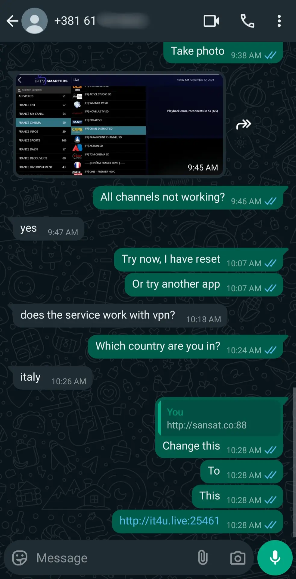 A WhatsApp chat shows a user discussing issues with TV channels not working on their Latino IPTV service. A screenshot of a channel list is shared, and the conversation covers resetting, VPN, using another app, Italy, and changing the IPTV Latino URL.