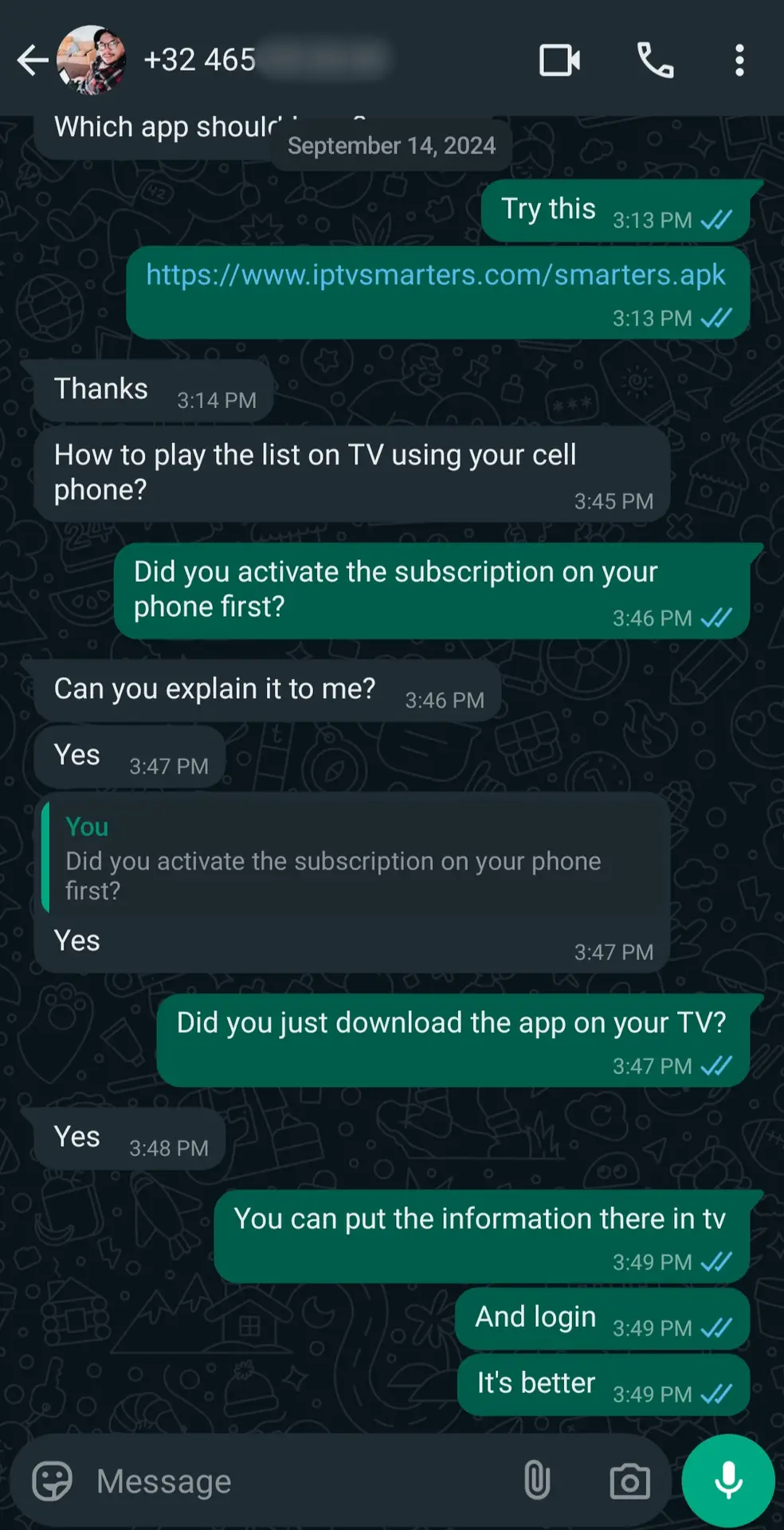 A WhatsApp chat discussing how to use an app to play a list on TV. One user shares a link, asks about IPTV Latino subscription activation, and gives step-by-step instructions to log in on TV using information from a phone subscription.